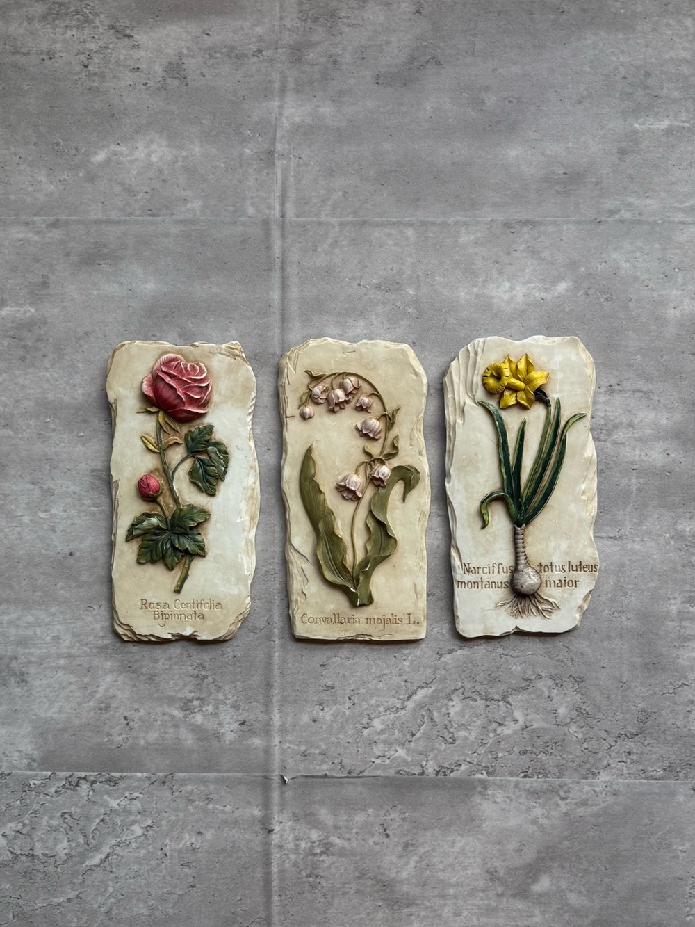 Set of Three Floral Wall Plaques in Cream, Pink & Yellow